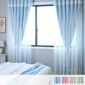 クジャクを刺繍されたレースとドレープとレース一体型カーテン