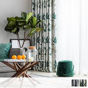 水墨風のリーフ柄のドレープカーテン