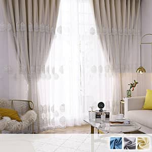 爽やかなリーフ刺繍レースと無地ドレープの組み合わせの姫系カーテン
