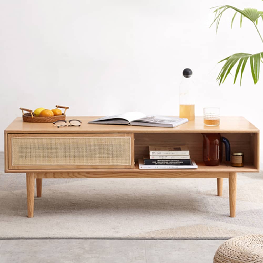 天然木と藤の組み合わせデザインのセンターテーブル