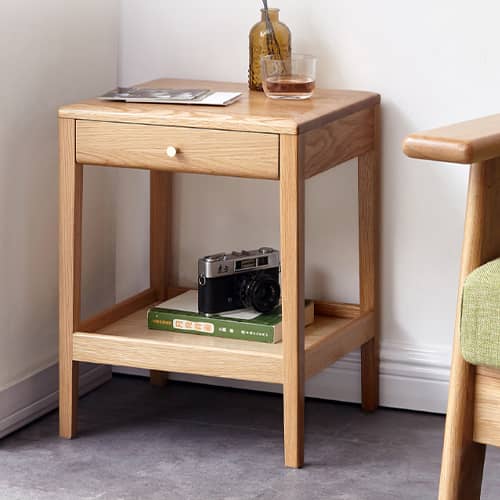 横幅38】ナイトテーブル 天然塗装 引き出し付き オープン収納 コンパクト