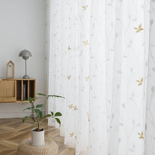 美しいリーフ刺繍のレースカーテン