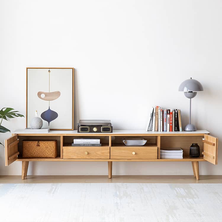 木製テレビ台 引き出し付き ラタン編みドア ローボード テレビラック