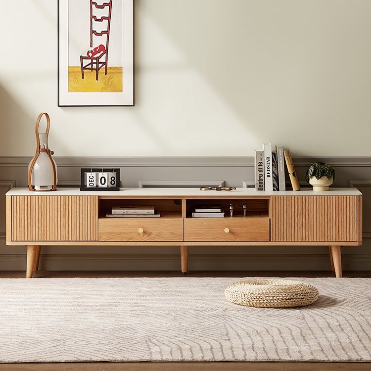 引き出し収納付きオーク材のテレビ 台