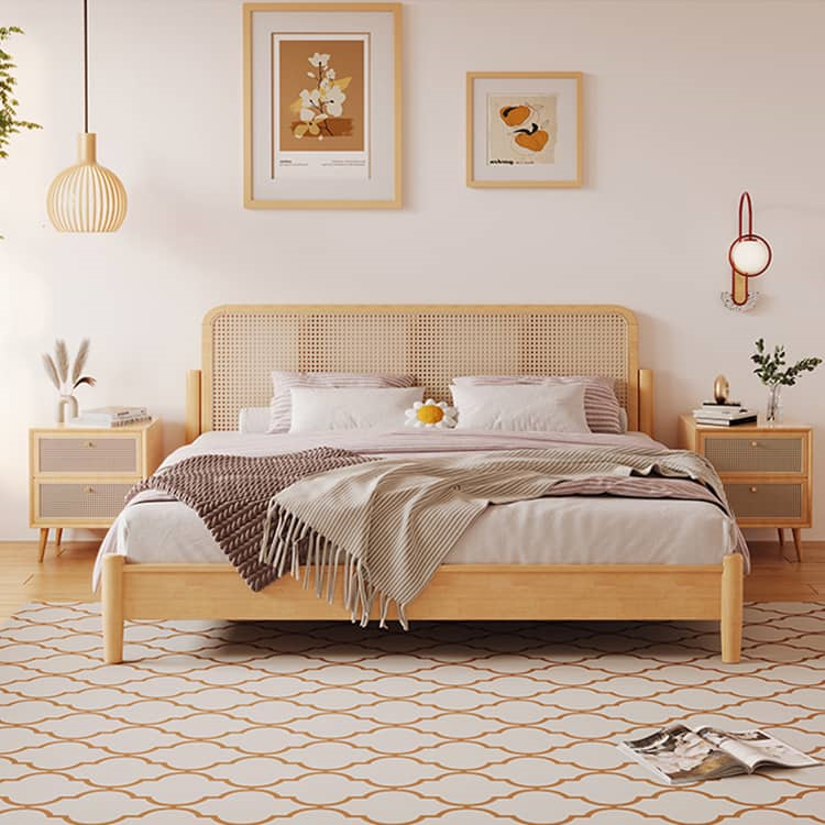 ベッドフレーム おしゃれ 無垢材フレーム ラタンベッドボード ダブル