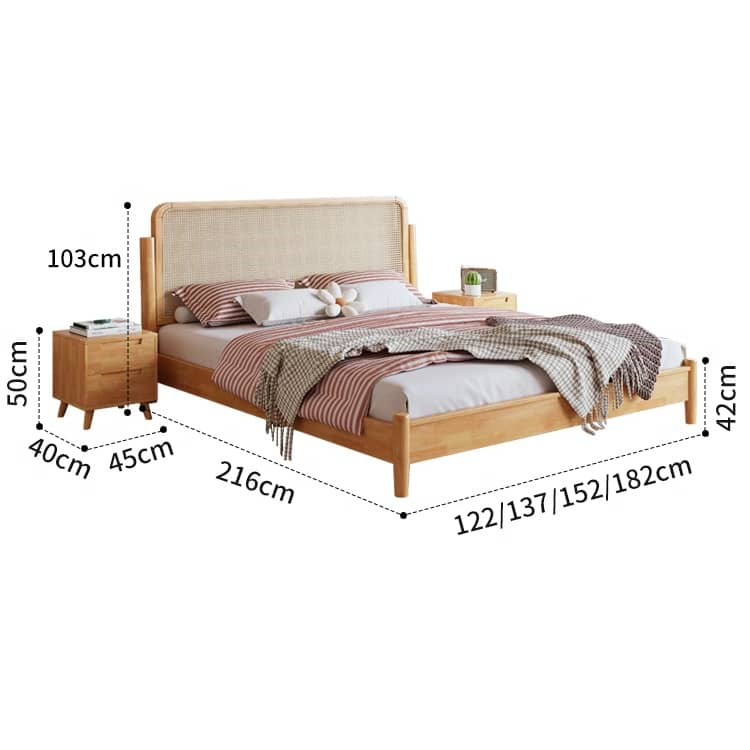 ベッドフレーム おしゃれ 無垢材フレーム ラタンベッドボード ダブル