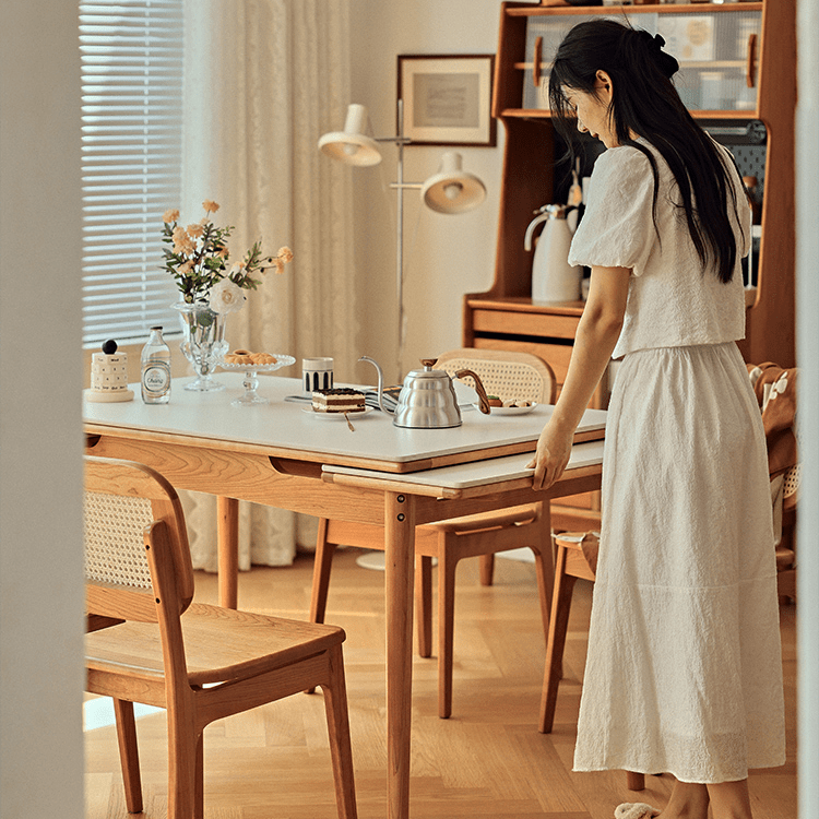 伸縮セラミックダイニングテーブル 白 ホワイト 無垢材 ナチュラル 幅