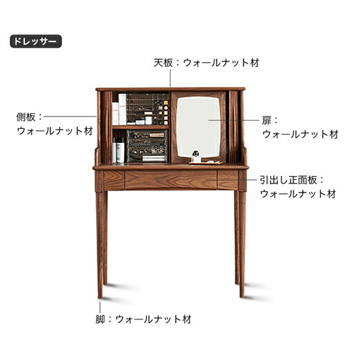 ドレッサー コンパクト 鏡台 化粧台 幅88cm 鏡付き 一面鏡 収納付き 木製 ウォ―ルナット材 収納 メイク台 椅子追加可能